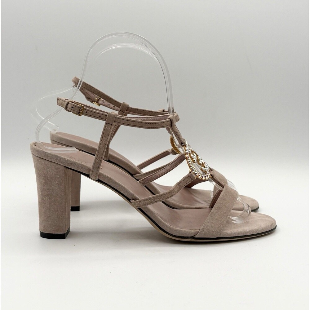 Gucci Nude Pink Suede Block Heels Sandals Rhinestone GG Logo T Strap EU 37.5 - Picture 3 of 11